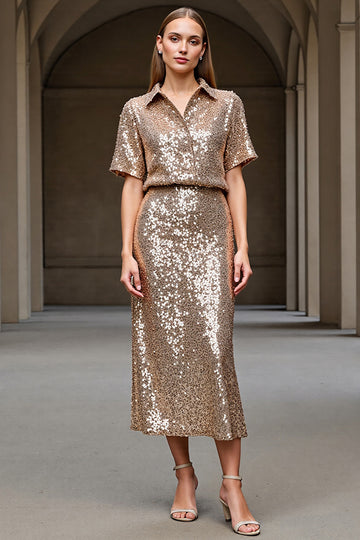 Sheath Lapel Midi Champagne Work Dress With Sequins